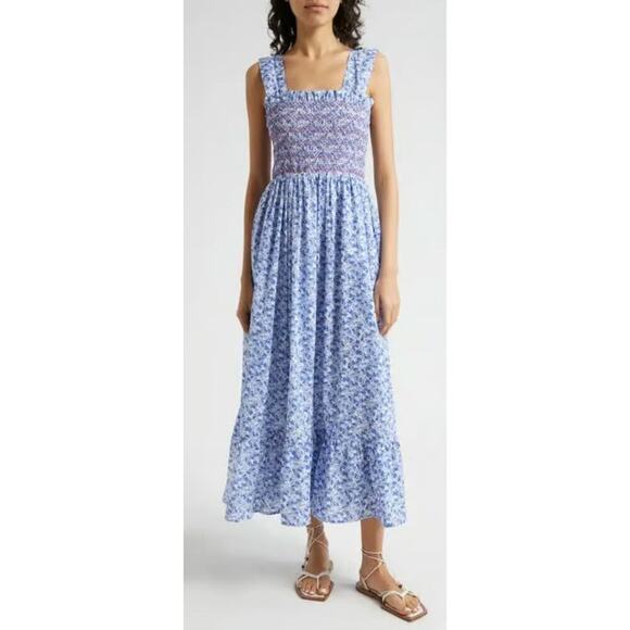 MILLE Garden Cotton Midi Smocked Sundress Condesa Floral Blue Tuckernuck NEW - Picture 3 of 14